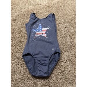 Girls XS Patriotic American Flag Star Rhinestone Gymnastics Leotard Navy Blue